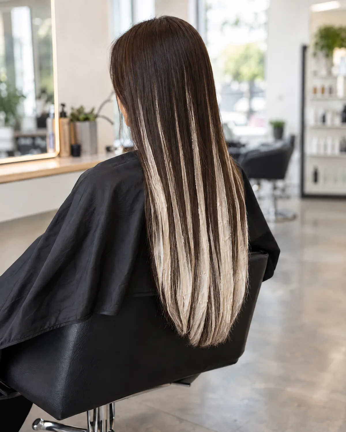 Lightener painted onto sections of long dark hair