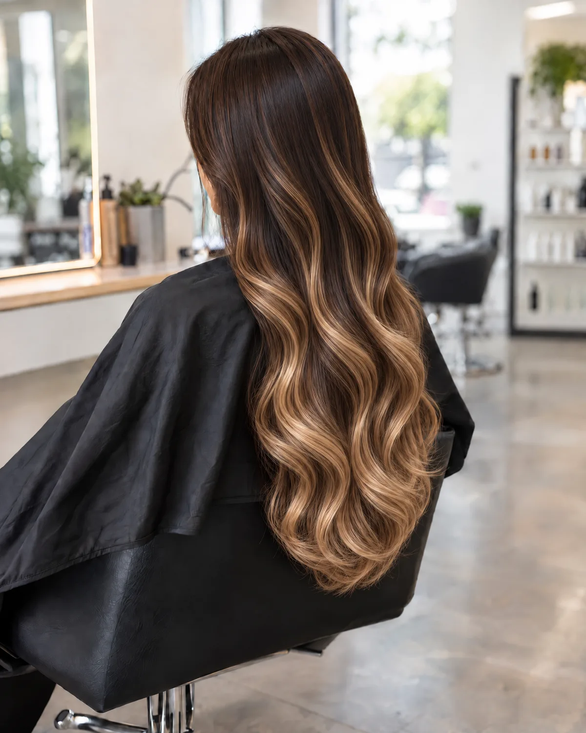 Finished caramel balayage blown out with big, glossy waves