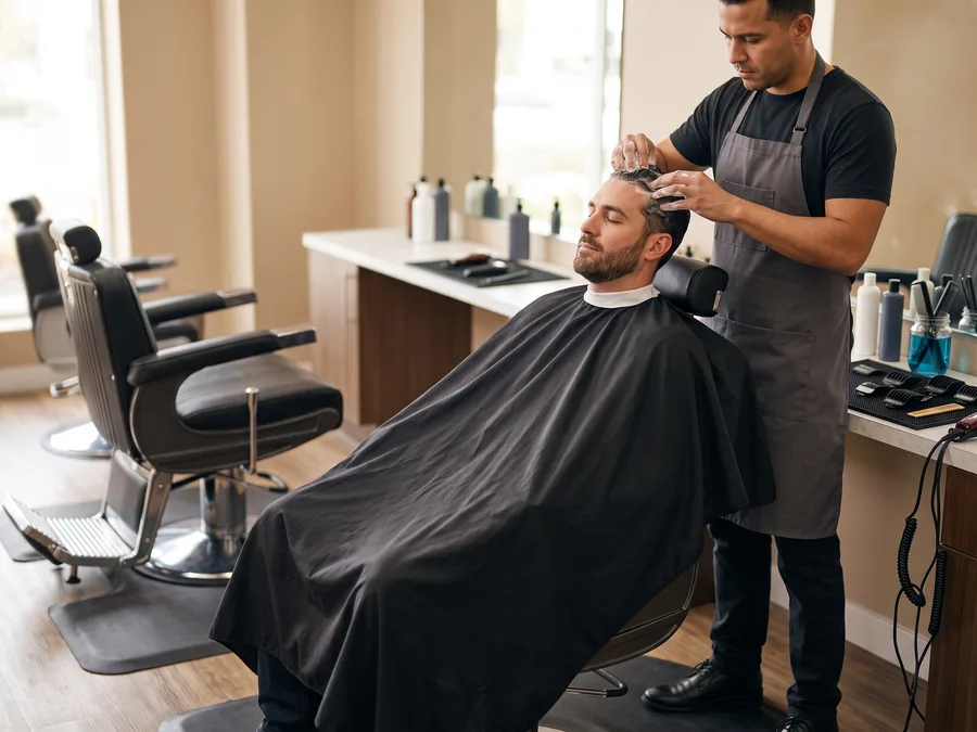 Professional applying keratin treatment formula to hair at Florida Fadez in Fort Lauderdale