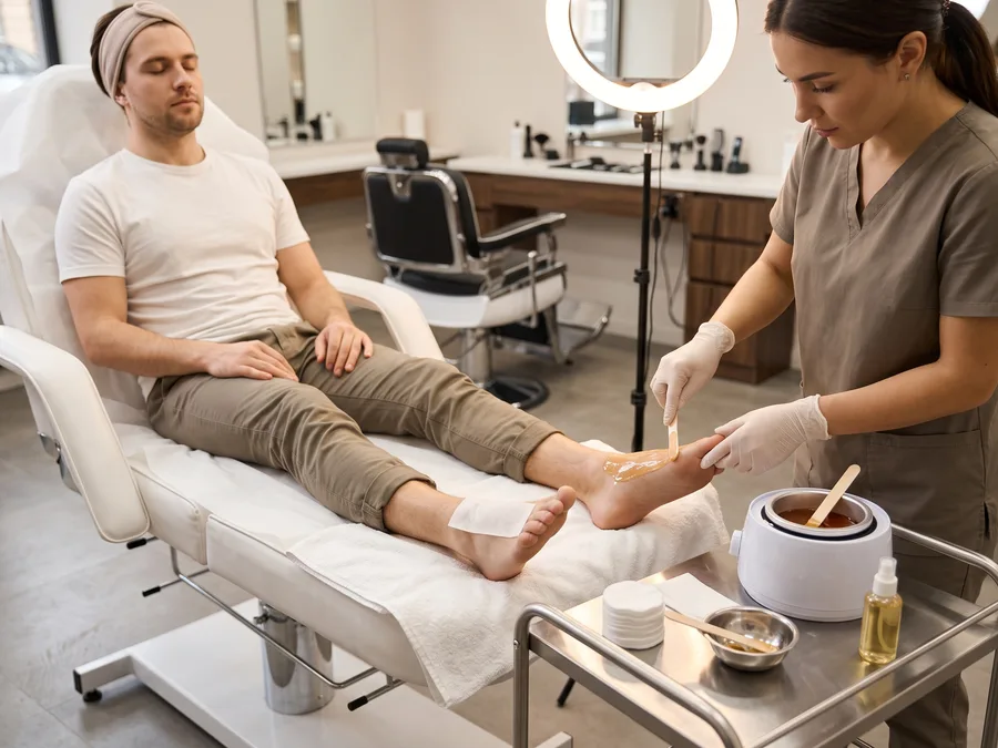 Cosmetology professional performing feet waxing service at Florida Fadez Fort Lauderdale