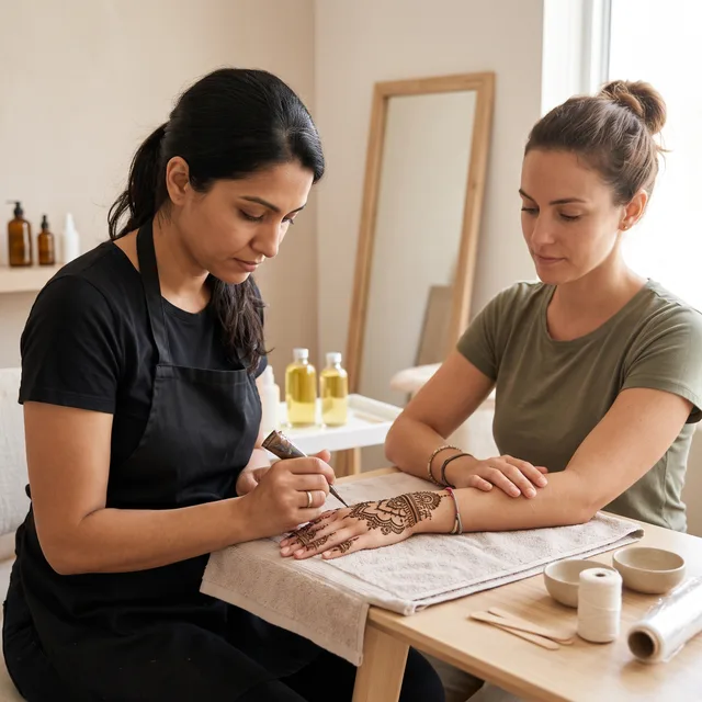 Intricate henna design on a woman's hand showing detailed floral and geometric patterns in warm brown tones