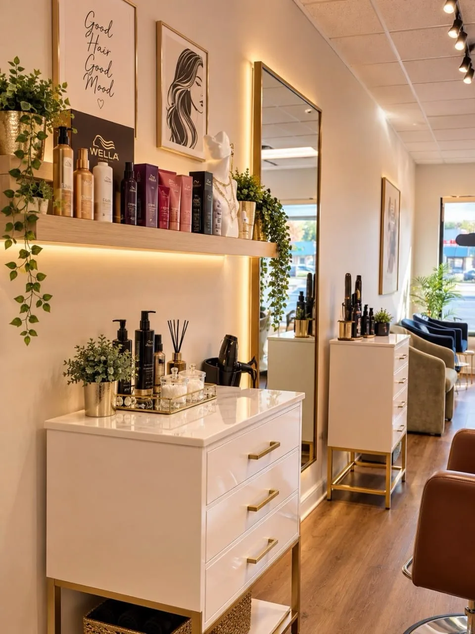 Professional hair care products on the shelf at Salon Sanaa