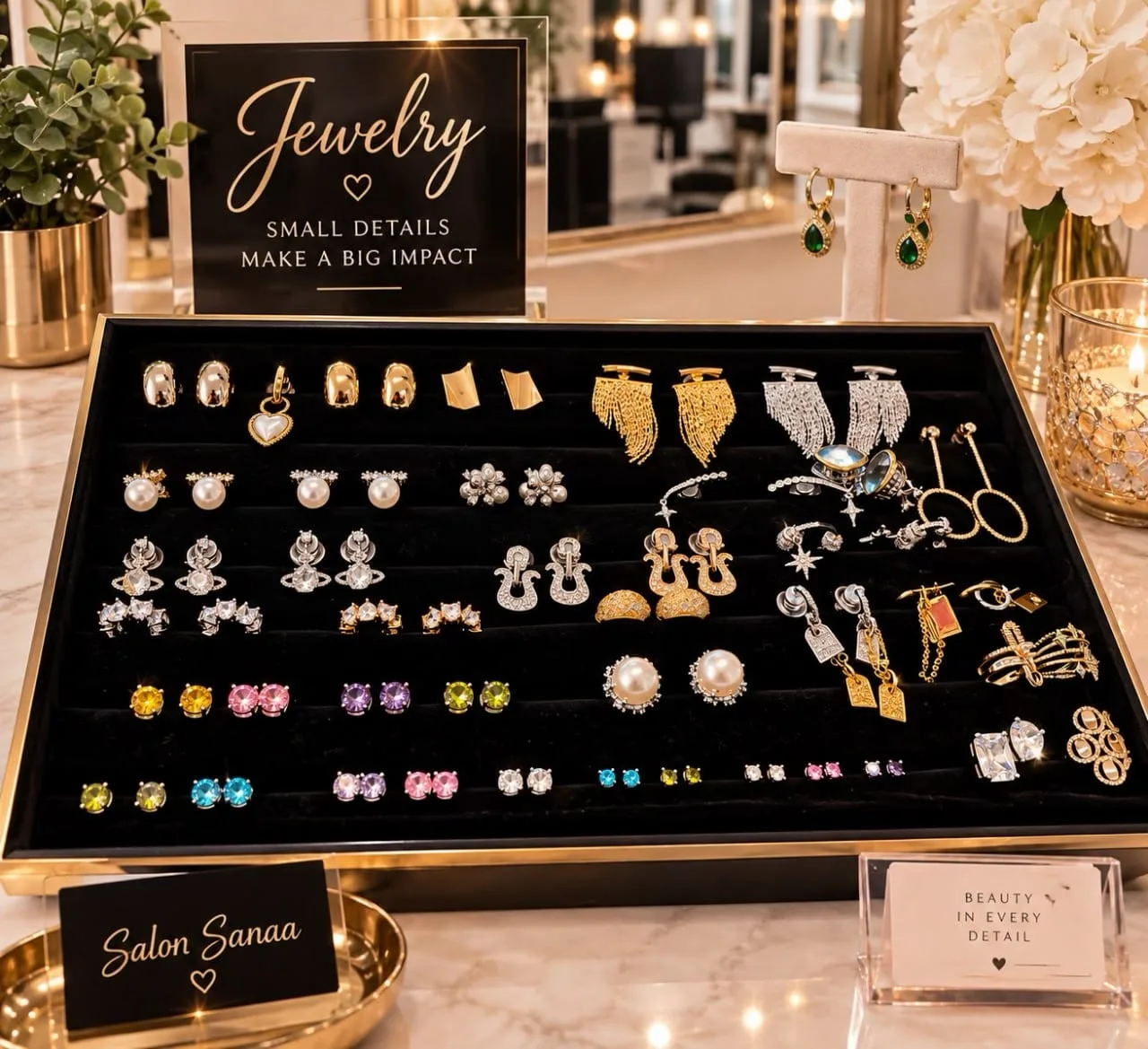 Jewelry collection on display at Salon Sanaa in Farmington Hills