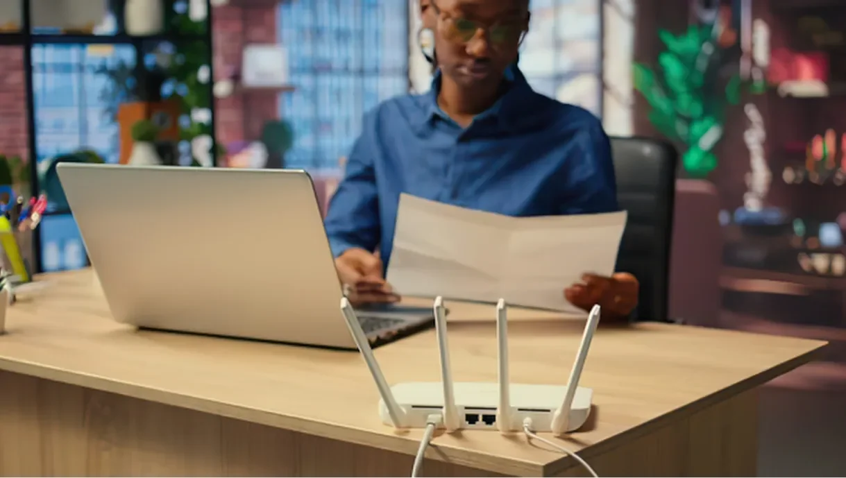 Security plan and laptop on a business desk